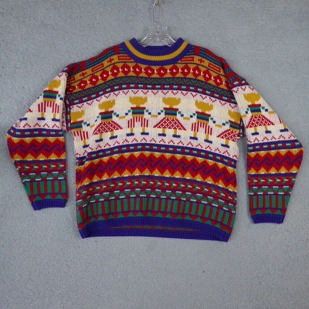 Vintage One Step Up Sweater Womens M  Bright Colors Dancing All Over 80s Loose